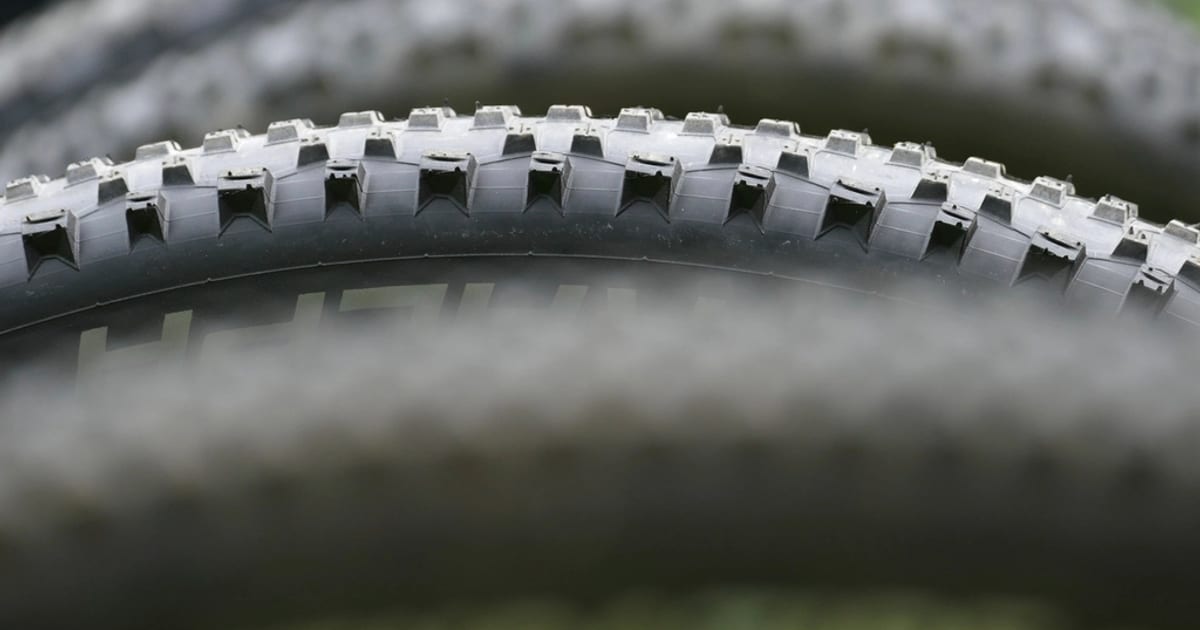 Close-up of a knobbly bicycle tyre